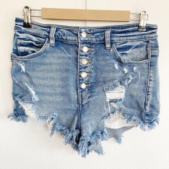KanCan Signature Destroyed Cut Off Button Fly Shortie Jean Shorts - Picture 1 of 10